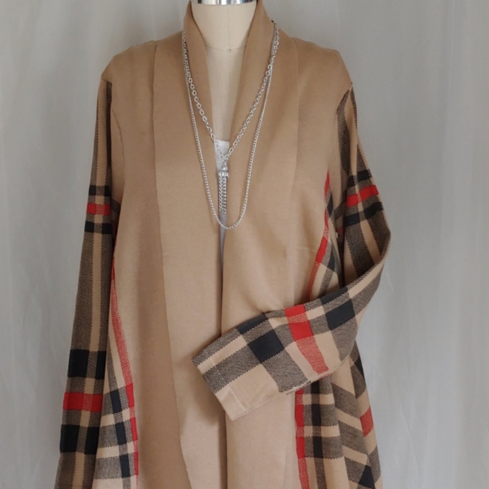 Tan Plaid Cape Cardigan Sweater!